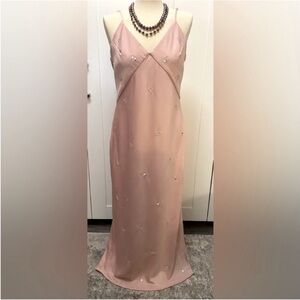 Champagne Shimmering Beaded Rhinestone Spaghetti Strap Maxi Dress Sz LG NEW!